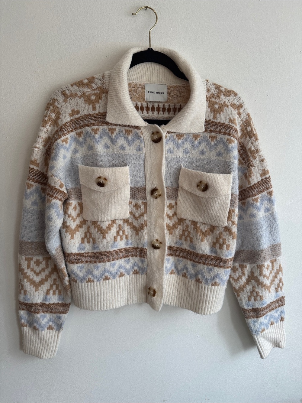 Pink Rose Cream, Tan & Light Blue Patterned Collared Cardigan Size M